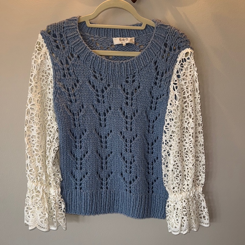 Sea New York Pointelle Knit Sweater With Eyelet Sleeves